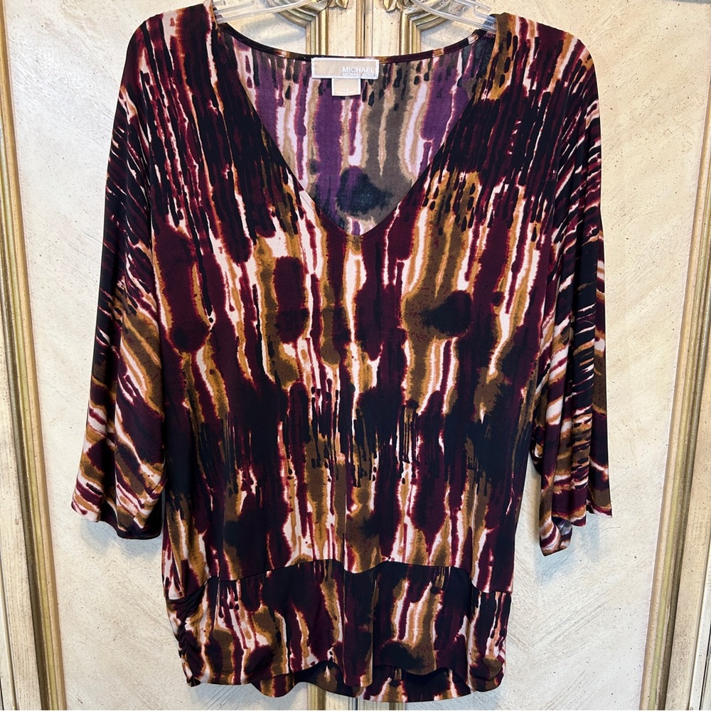 Michael Kors Merlot Purple Brown Black Tan Brown Abstract Dolman Sleeve Blouse